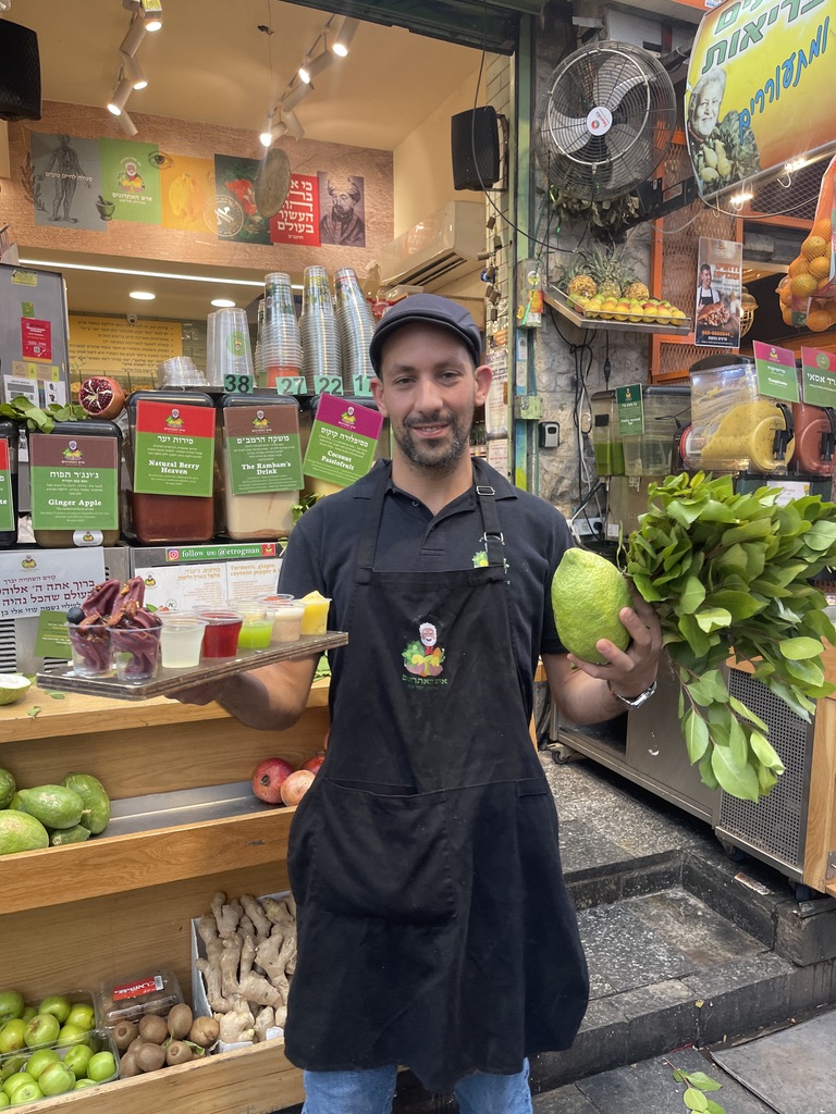 Etrog citrus products and drinks at Etrogman stall in Mahane Yehuda Market, Jerusalem.