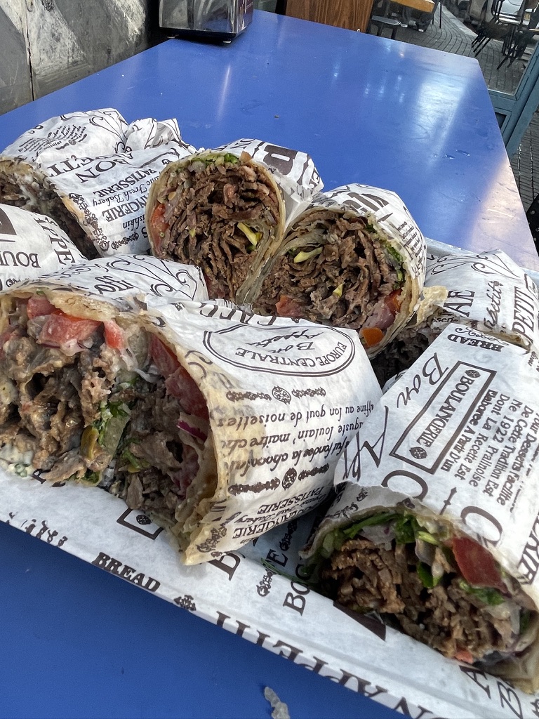 Turkish doner kebab on lavash bread with goose-fat potatoes at Aka Shawarma in Mahane Yehuda Market