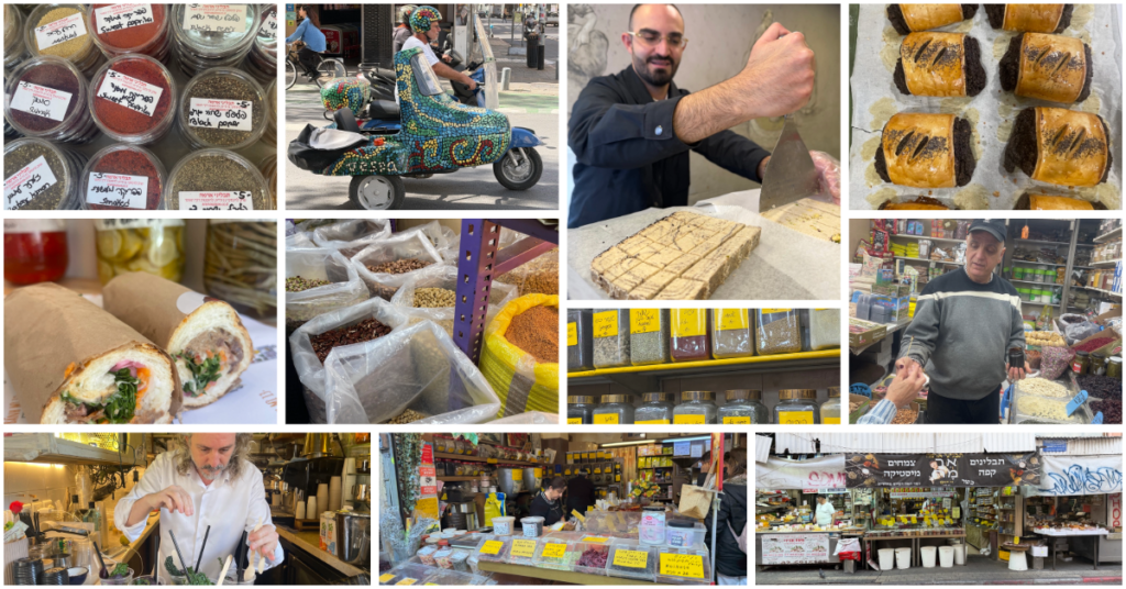 Photo collage featuring highlights from Levinsky Market in Tel Aviv including spice shops, halva, olives, Persian cuisine and bakeries.