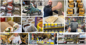 Photo collage featuring highlights from Levinsky Market in Tel Aviv including spice shops, halva, olives, Persian cuisine and bakeries.